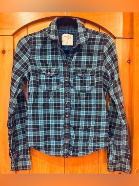 Abercrombie & Fitch Teal and Black Plaid Shirt with Tan Label